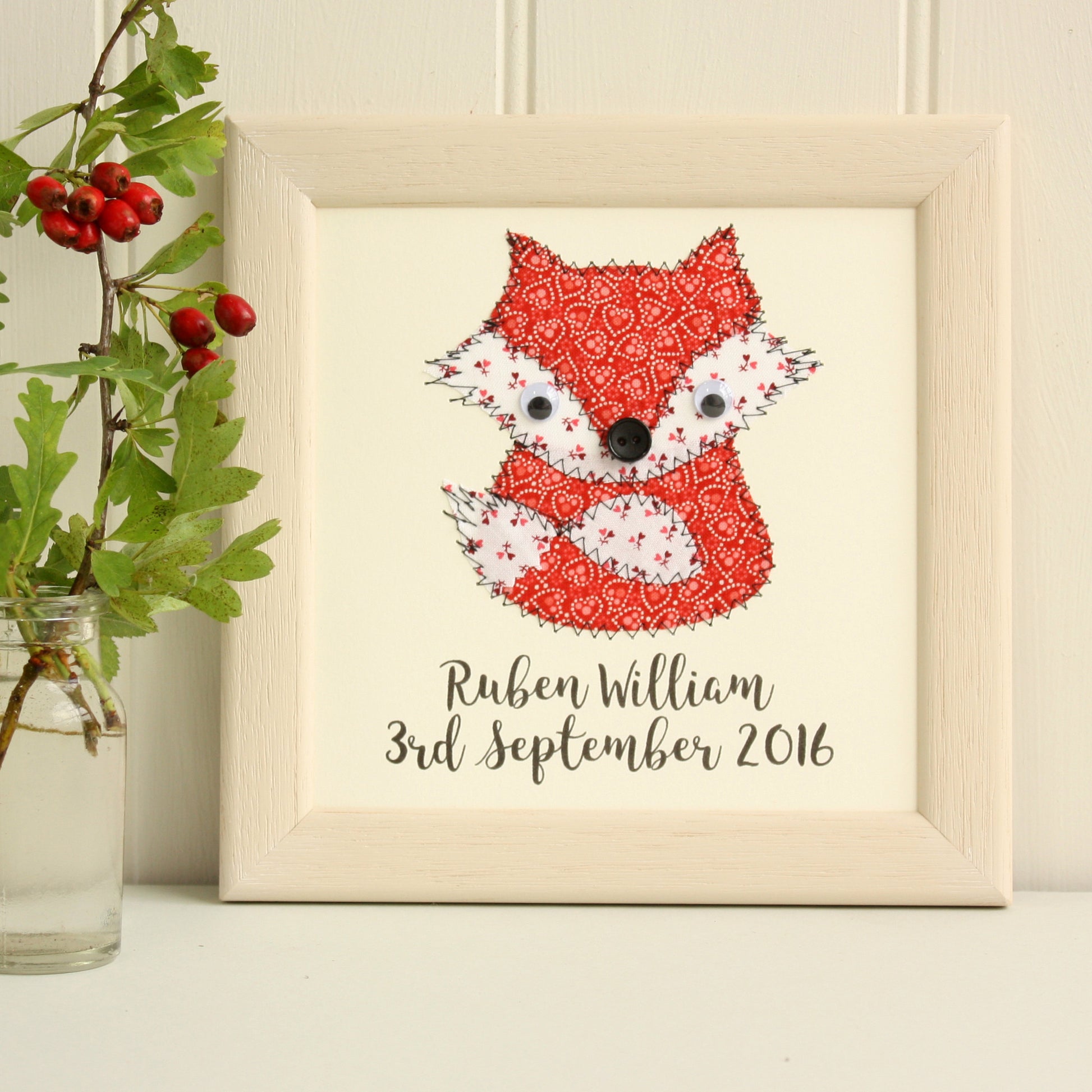Personalised Baby Fox Embroidered Plaque - ZoeGibbons