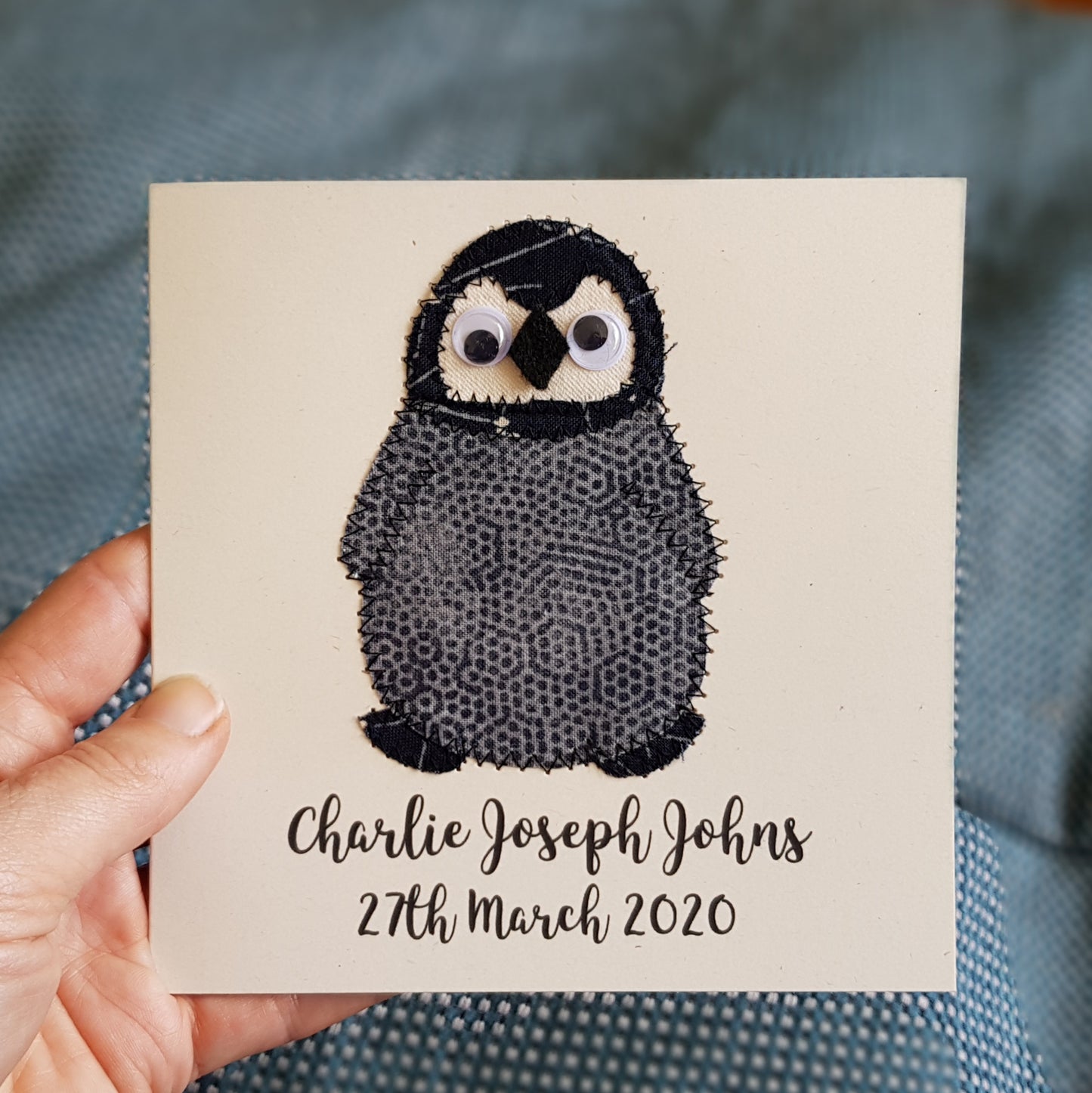 Personalised Baby Penguin Embroidered Card - ZoeGibbons