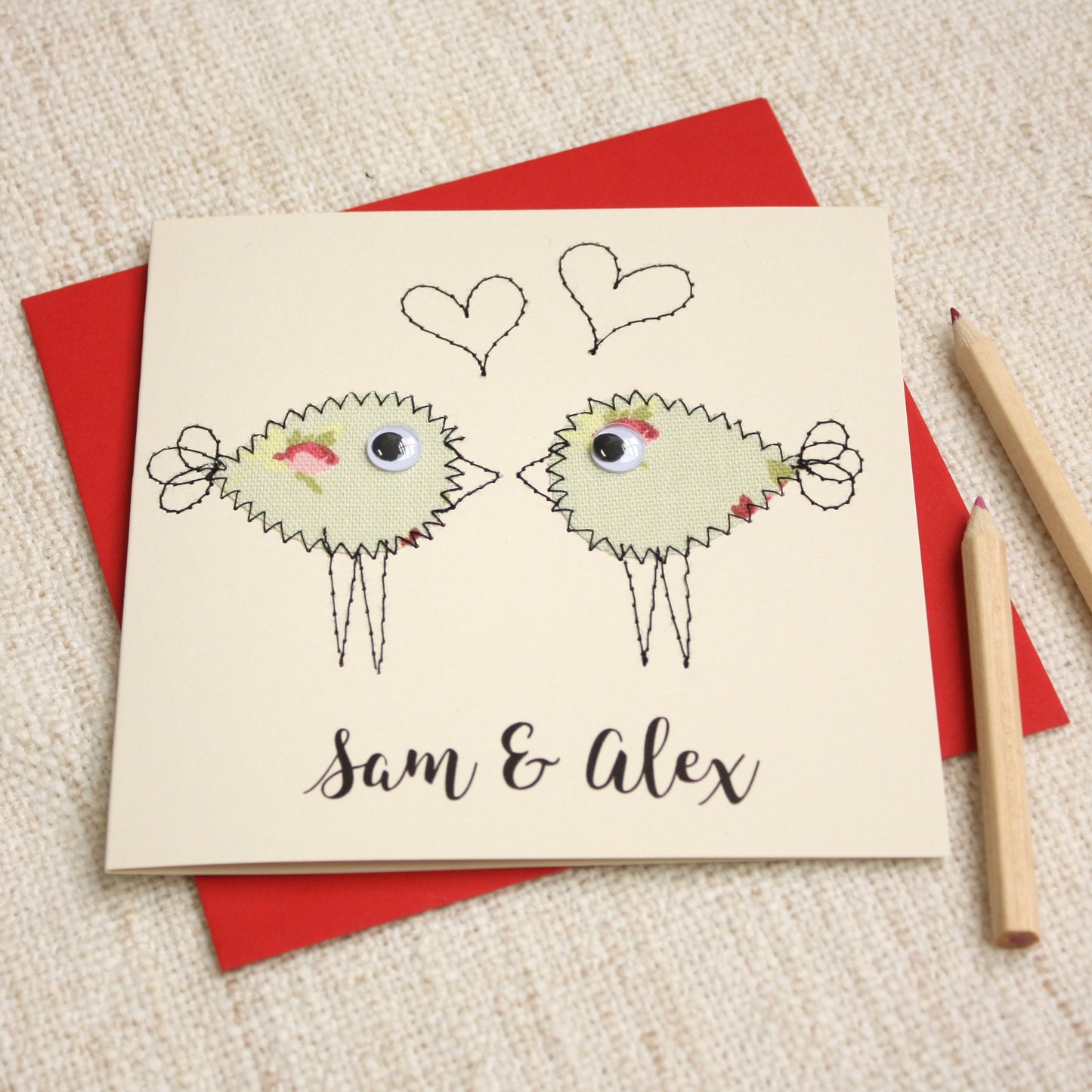 Personalised Lovebird Embroidered Card - ZoeGibbons