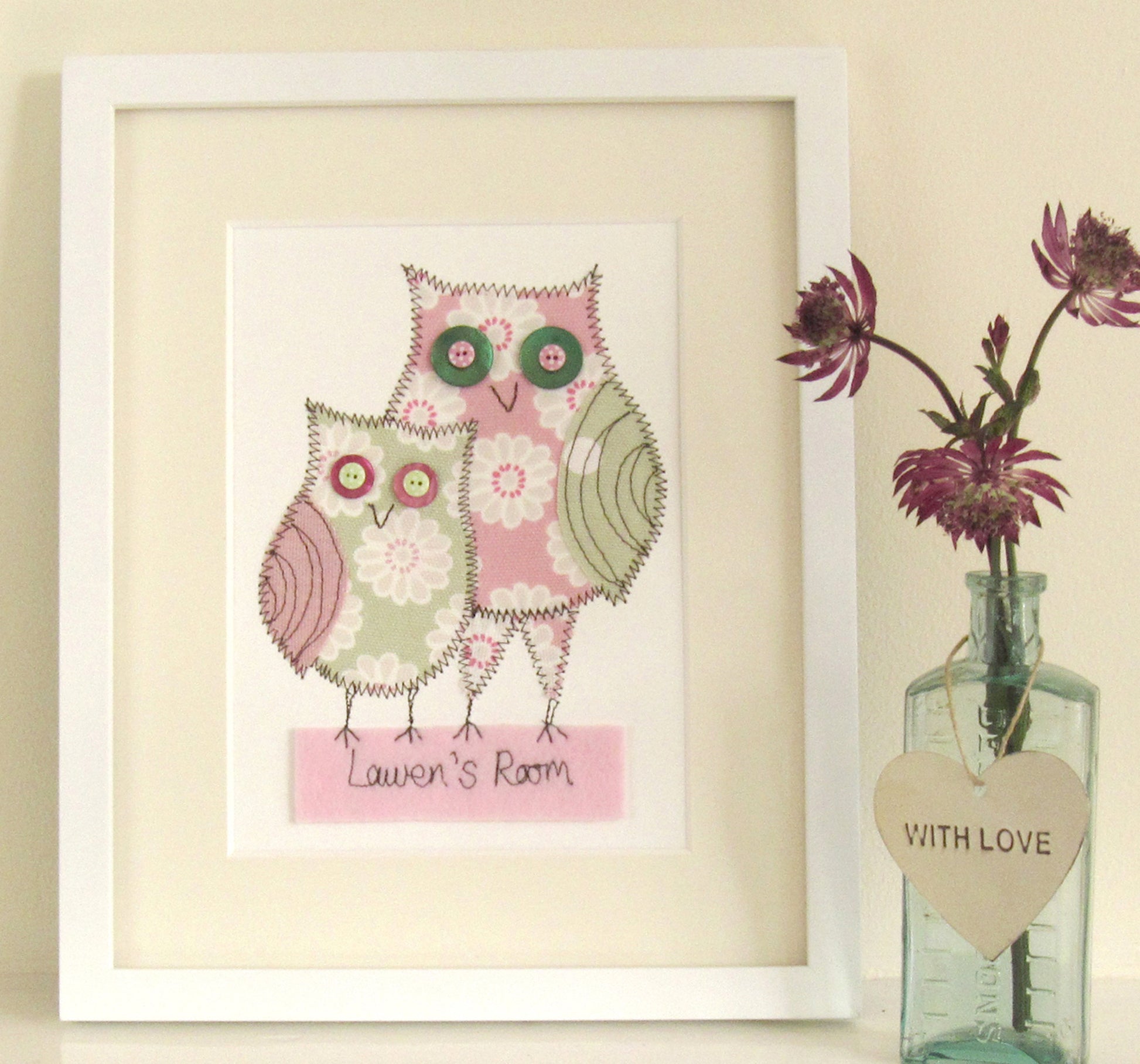 Personalised Owl Pair Embroidered Artwork - ZoeGibbons