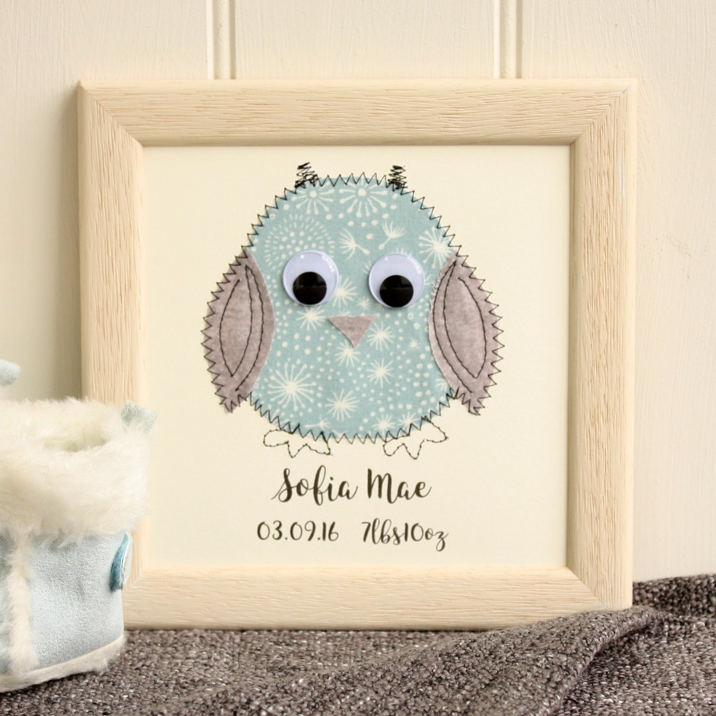 Personalised Baby Owl Embroidered Plaque - ZoeGibbons