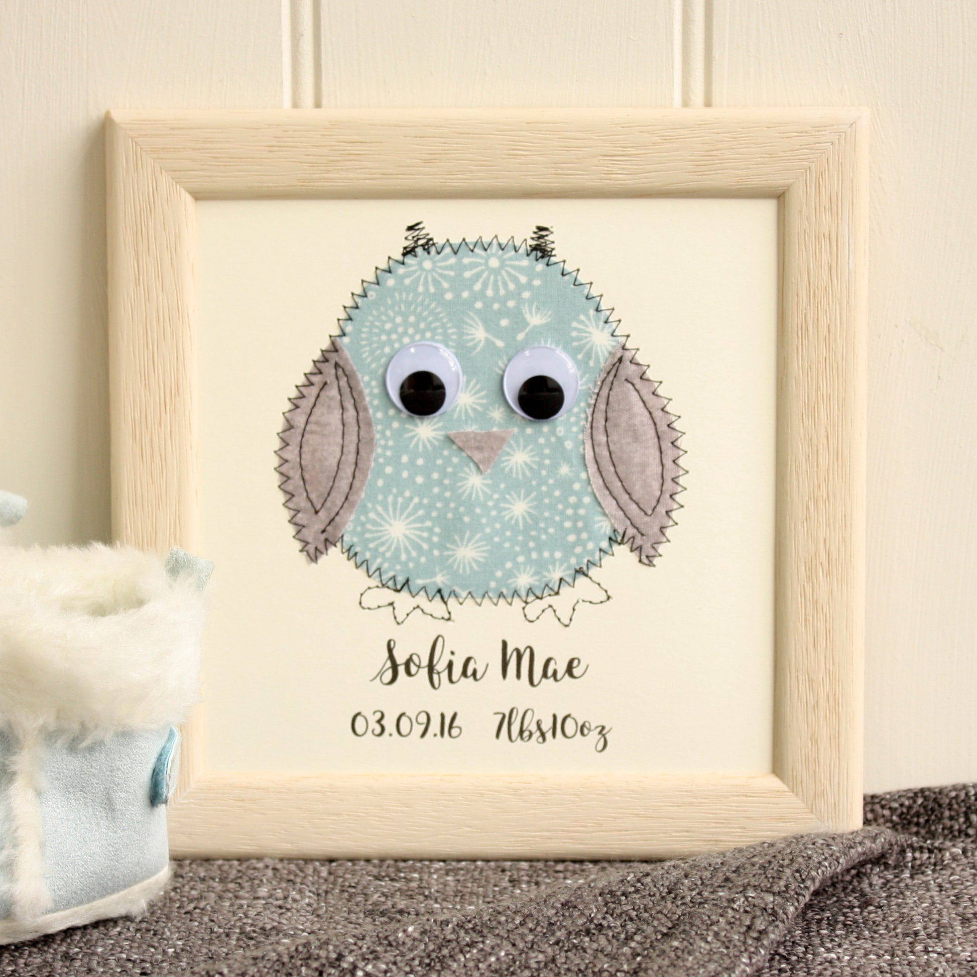 Personalised Baby Owl Embroidered Plaque - ZoeGibbons