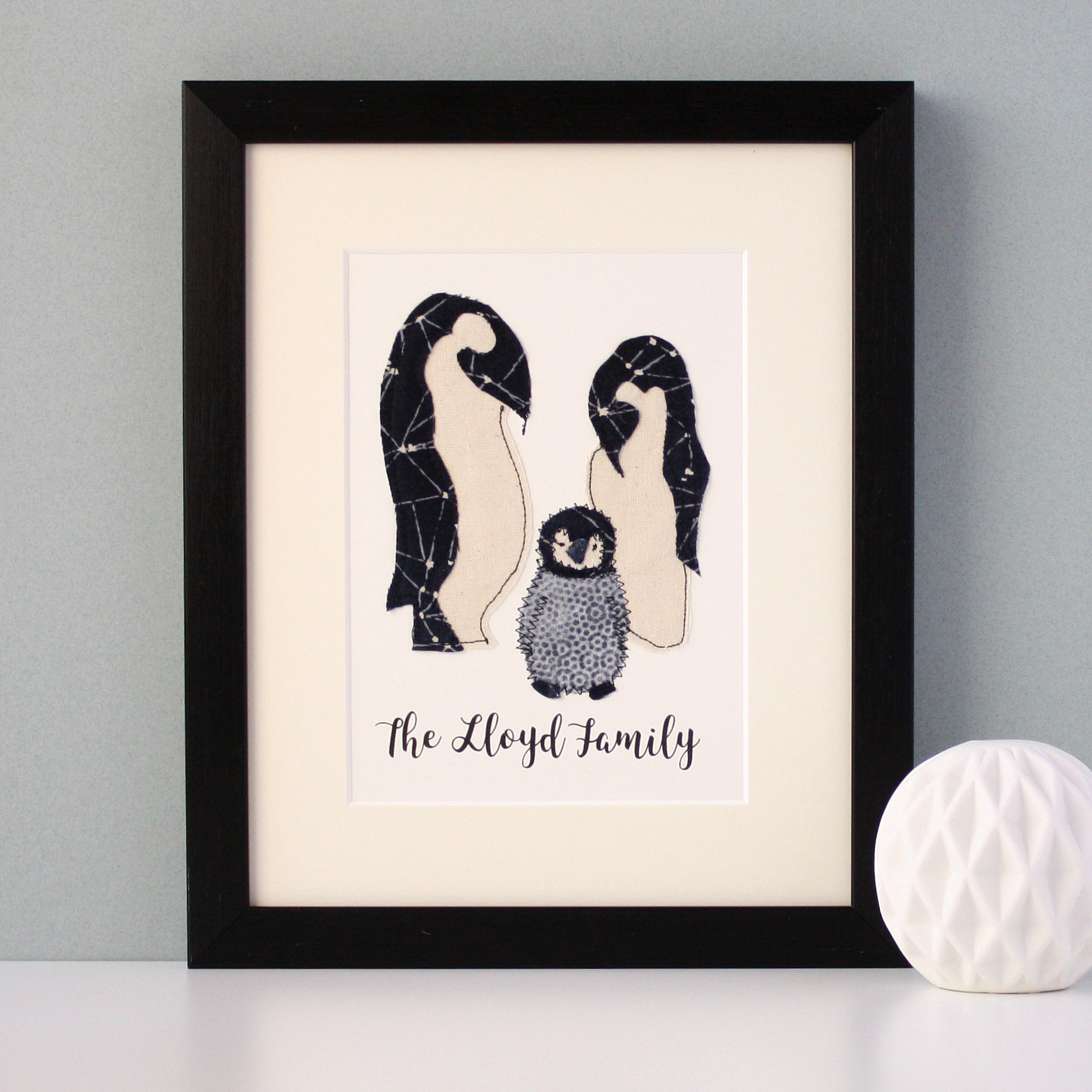 Personalised embroidered penguin family artwork - ZoeGibbons