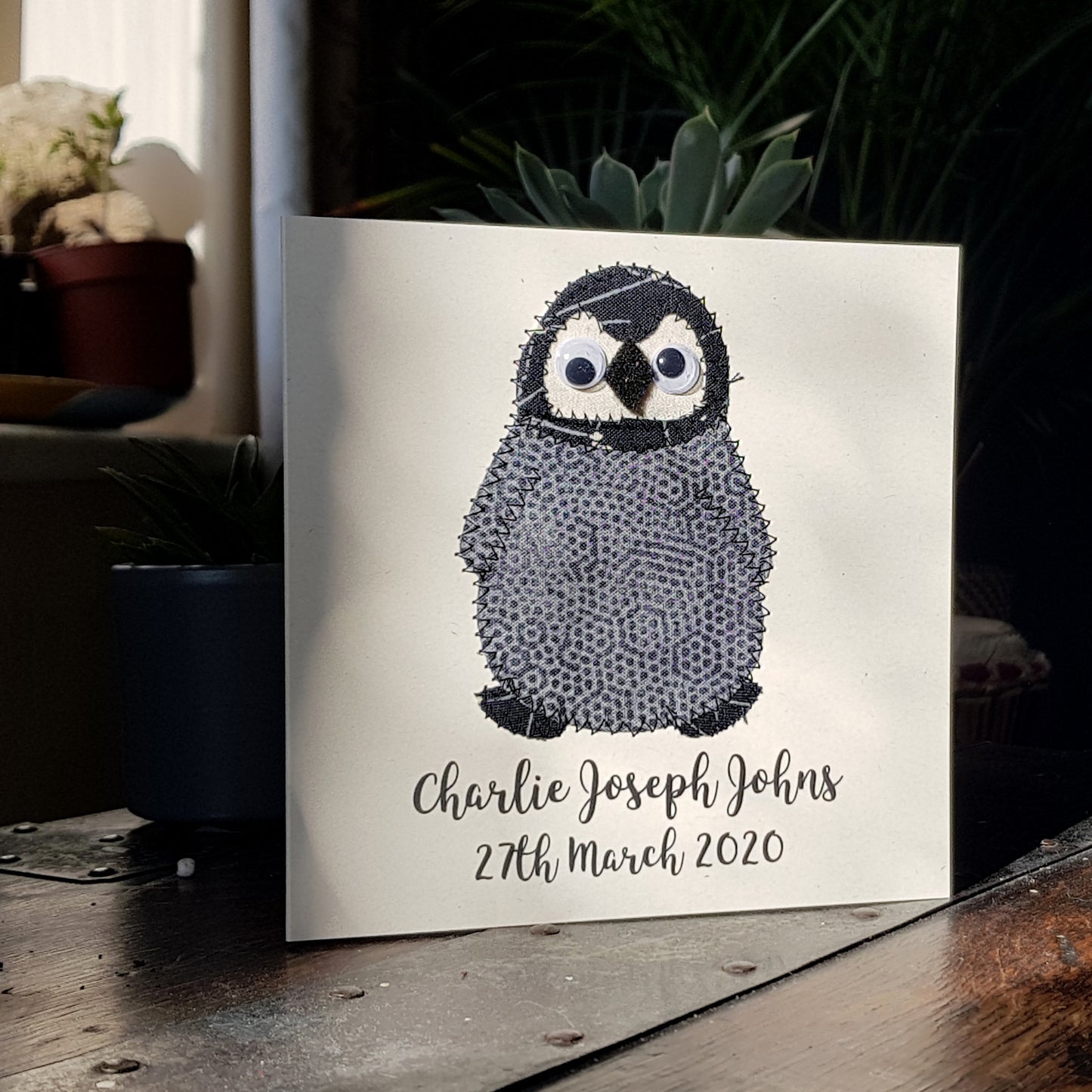 Personalised Baby Penguin Embroidered Card - ZoeGibbons