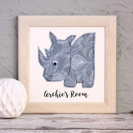 Personalised Baby Rhino Embroidered Framed Artwork - ZoeGibbons